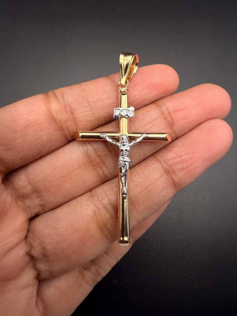 14K Two Tone Gold Hollow Round Tube Crucufix Pendant